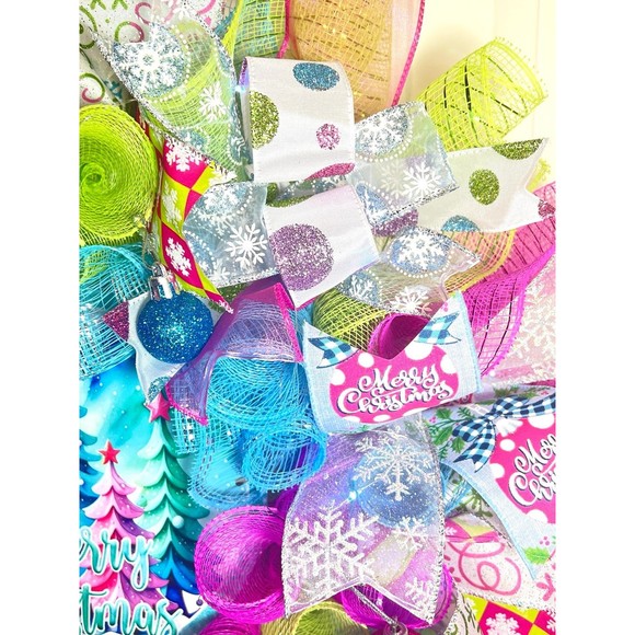 Handmade Bright Merry Christmas Holiday Ribbon Door Wreath 22 ins W52 Pink Blue - Picture 11 of 13